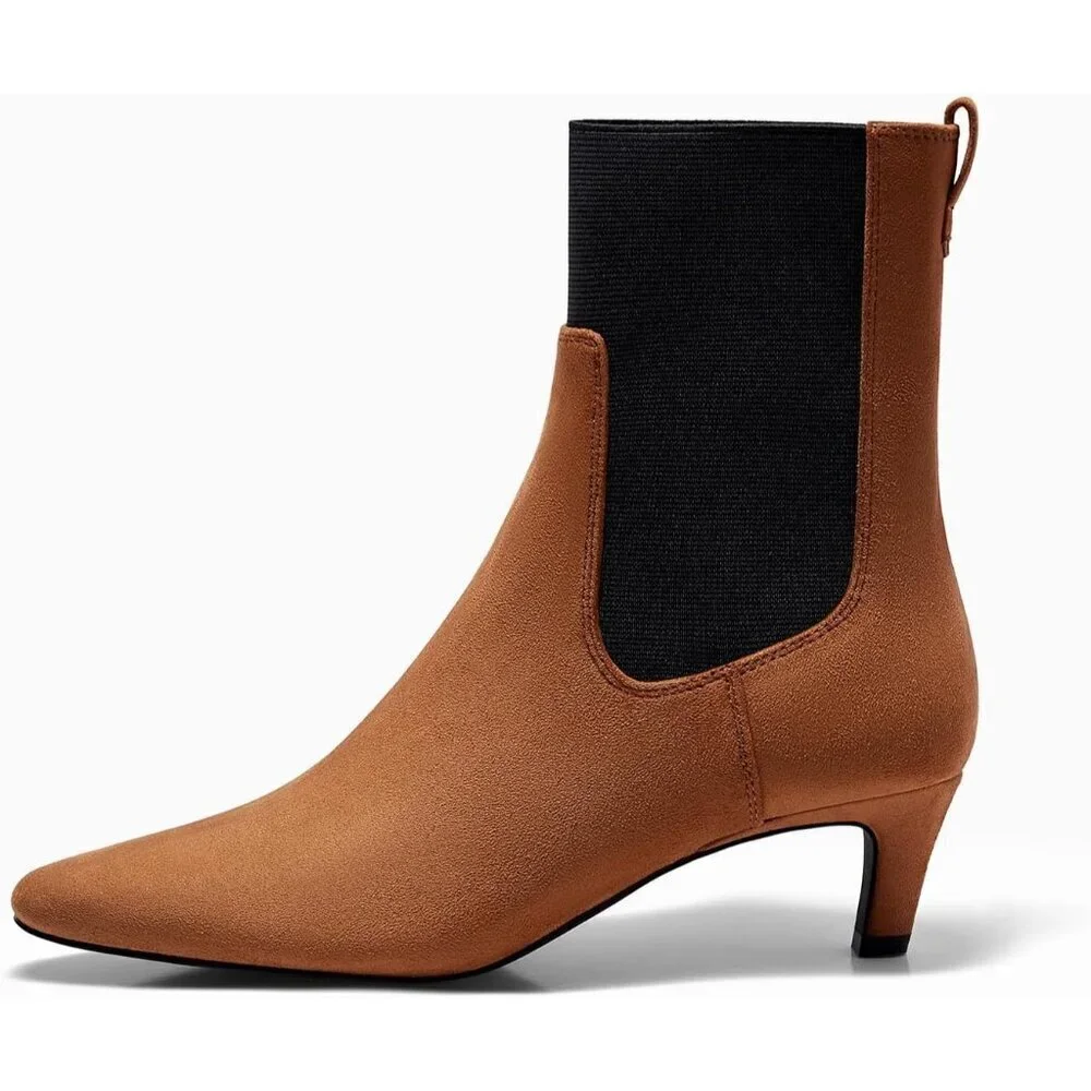 Women's Brown Ankle Low Kitten Heel Pointed Toe Slip On Dressy Winter Booties